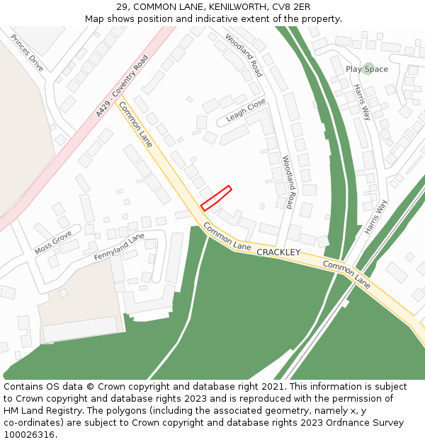 29, COMMON LANE, KENILWORTH, CV8 2ER: Location map and indicative extent of plot