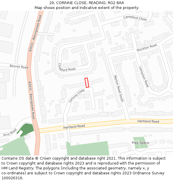 29, CORINNE CLOSE, READING, RG2 8AA: Location map and indicative extent of plot