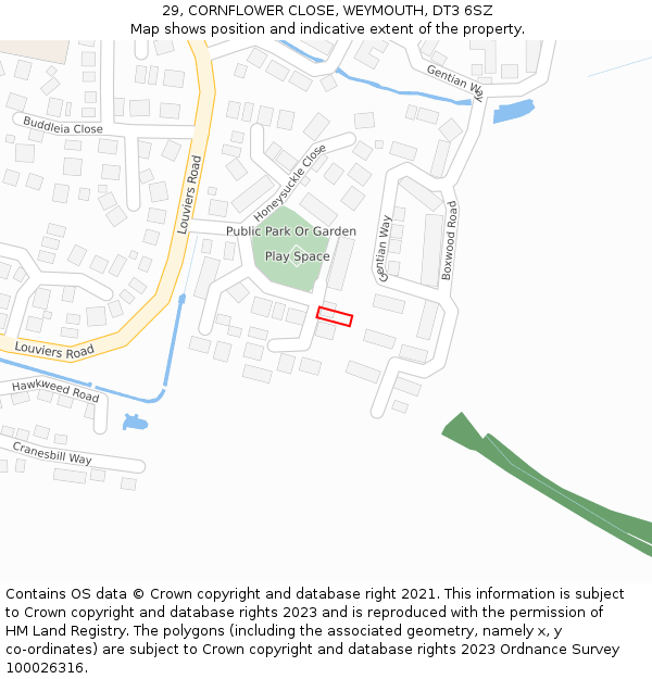 29, CORNFLOWER CLOSE, WEYMOUTH, DT3 6SZ: Location map and indicative extent of plot