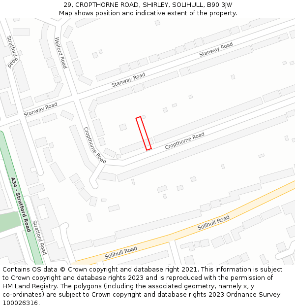 29, CROPTHORNE ROAD, SHIRLEY, SOLIHULL, B90 3JW: Location map and indicative extent of plot