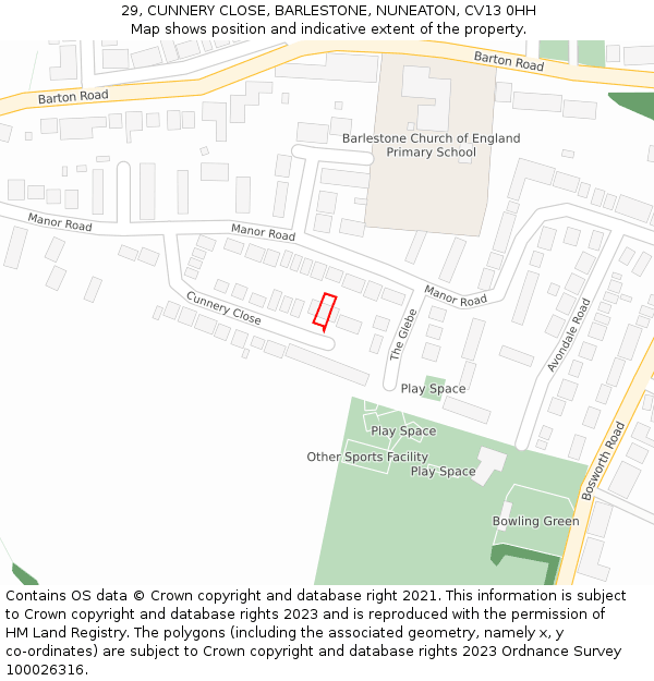 29, CUNNERY CLOSE, BARLESTONE, NUNEATON, CV13 0HH: Location map and indicative extent of plot