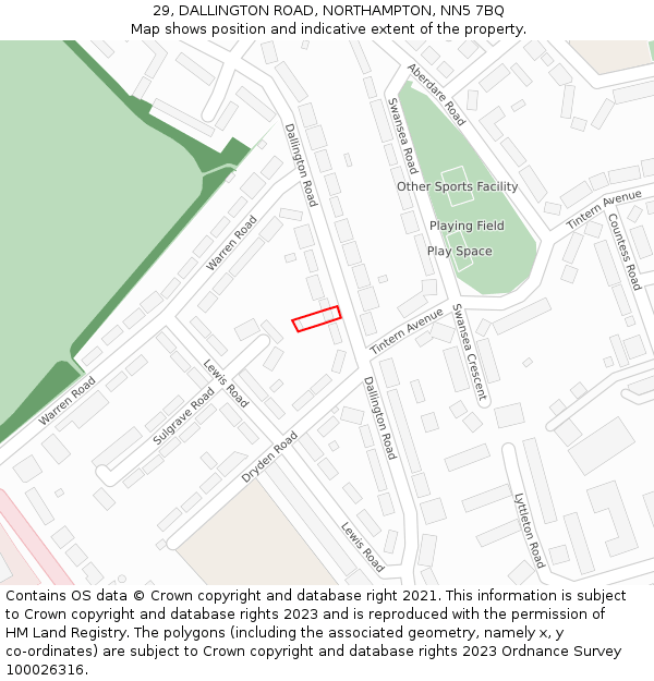 29, DALLINGTON ROAD, NORTHAMPTON, NN5 7BQ: Location map and indicative extent of plot