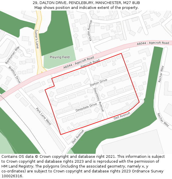 29, DALTON DRIVE, PENDLEBURY, MANCHESTER, M27 8UB: Location map and indicative extent of plot