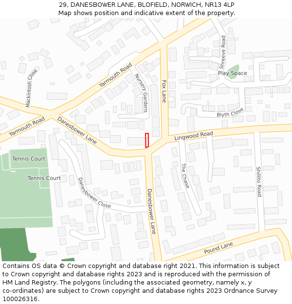 29, DANESBOWER LANE, BLOFIELD, NORWICH, NR13 4LP: Location map and indicative extent of plot