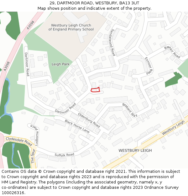 29, DARTMOOR ROAD, WESTBURY, BA13 3UT: Location map and indicative extent of plot