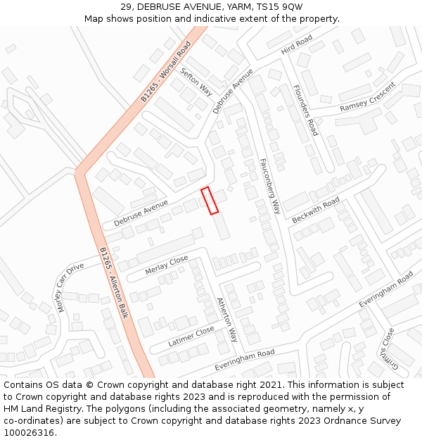 29, DEBRUSE AVENUE, YARM, TS15 9QW: Location map and indicative extent of plot