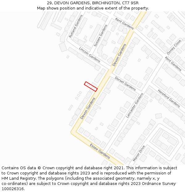 29, DEVON GARDENS, BIRCHINGTON, CT7 9SR: Location map and indicative extent of plot