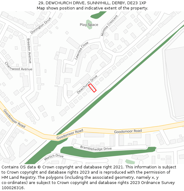 29, DEWCHURCH DRIVE, SUNNYHILL, DERBY, DE23 1XP: Location map and indicative extent of plot