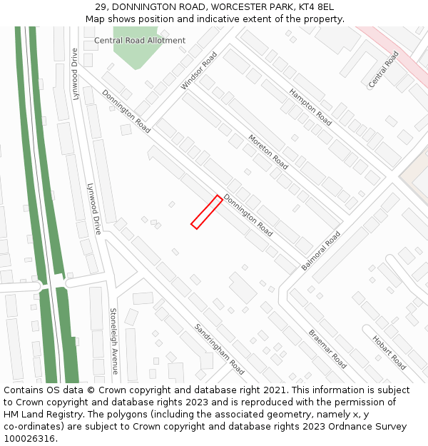 29, DONNINGTON ROAD, WORCESTER PARK, KT4 8EL: Location map and indicative extent of plot