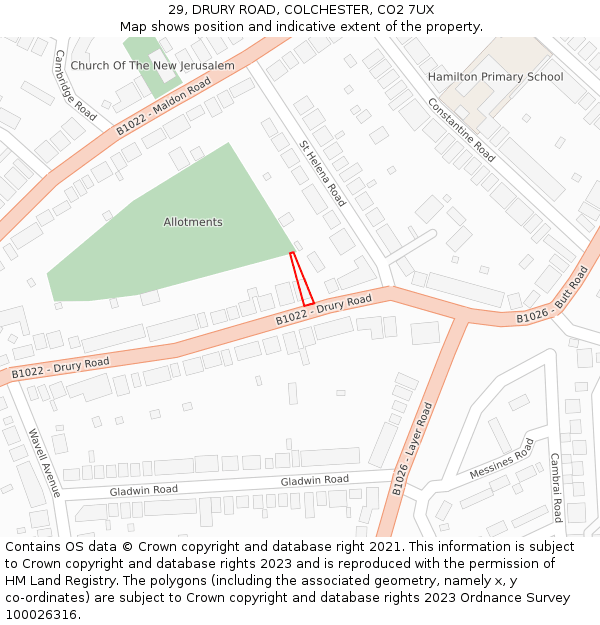 29, DRURY ROAD, COLCHESTER, CO2 7UX: Location map and indicative extent of plot