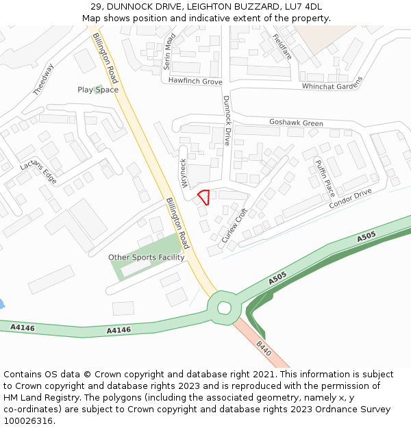 29, DUNNOCK DRIVE, LEIGHTON BUZZARD, LU7 4DL: Location map and indicative extent of plot