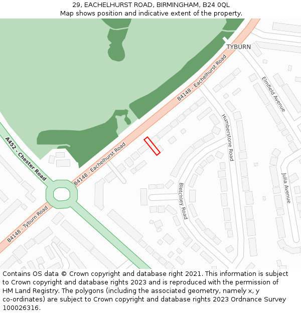 29, EACHELHURST ROAD, BIRMINGHAM, B24 0QL: Location map and indicative extent of plot