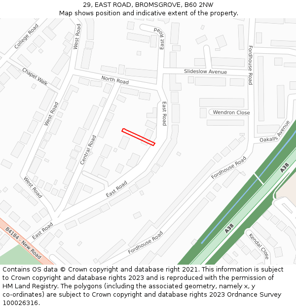 29, EAST ROAD, BROMSGROVE, B60 2NW: Location map and indicative extent of plot