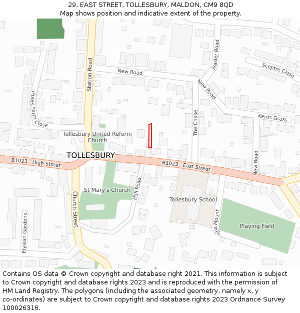 29, EAST STREET, TOLLESBURY, MALDON, CM9 8QD: Location map and indicative extent of plot