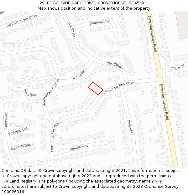 29, EDGCUMBE PARK DRIVE, CROWTHORNE, RG45 6HU: Location map and indicative extent of plot