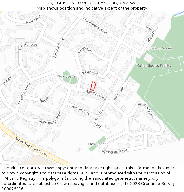 29, EGLINTON DRIVE, CHELMSFORD, CM2 6WT: Location map and indicative extent of plot