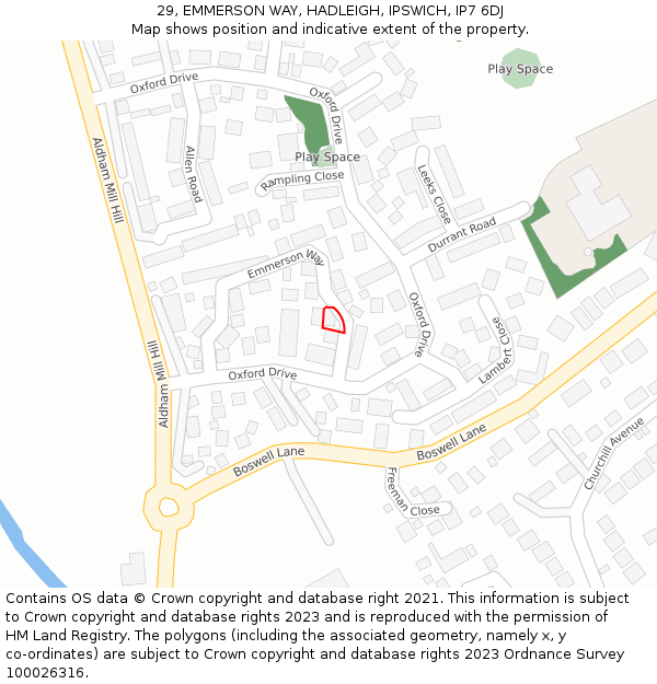 29, EMMERSON WAY, HADLEIGH, IPSWICH, IP7 6DJ: Location map and indicative extent of plot