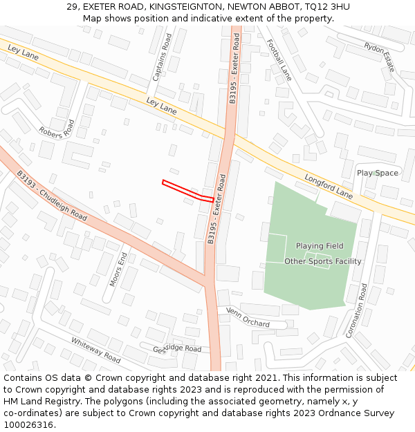 29, EXETER ROAD, KINGSTEIGNTON, NEWTON ABBOT, TQ12 3HU: Location map and indicative extent of plot