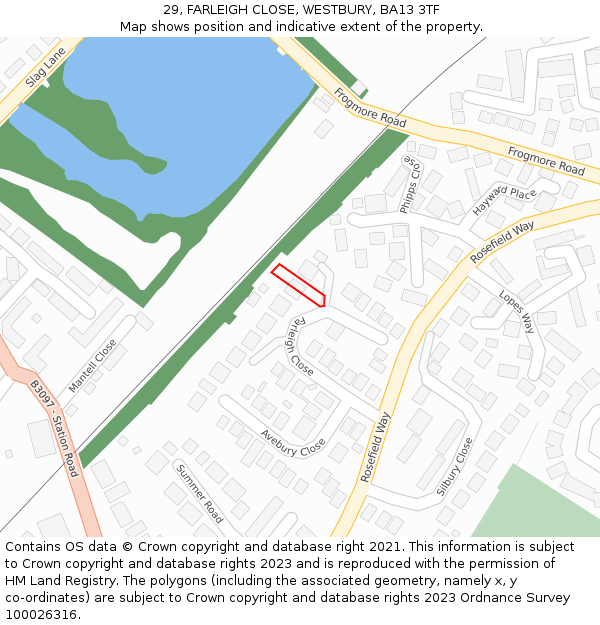 29, FARLEIGH CLOSE, WESTBURY, BA13 3TF: Location map and indicative extent of plot