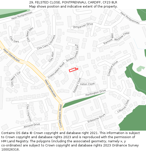 29, FELSTED CLOSE, PONTPRENNAU, CARDIFF, CF23 8LR: Location map and indicative extent of plot