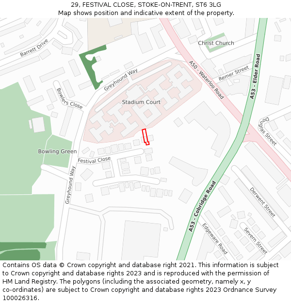 29, FESTIVAL CLOSE, STOKE-ON-TRENT, ST6 3LG: Location map and indicative extent of plot