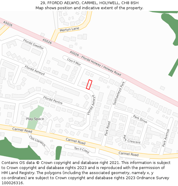 29, FFORDD AELWYD, CARMEL, HOLYWELL, CH8 8SH: Location map and indicative extent of plot