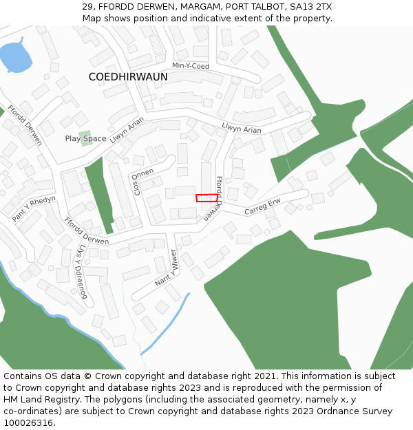29, FFORDD DERWEN, MARGAM, PORT TALBOT, SA13 2TX: Location map and indicative extent of plot