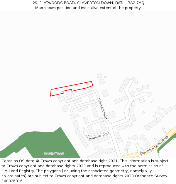 29, FLATWOODS ROAD, CLAVERTON DOWN, BATH, BA2 7AQ: Location map and indicative extent of plot