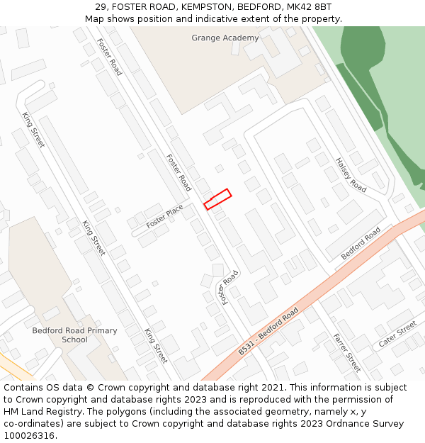 29, FOSTER ROAD, KEMPSTON, BEDFORD, MK42 8BT: Location map and indicative extent of plot