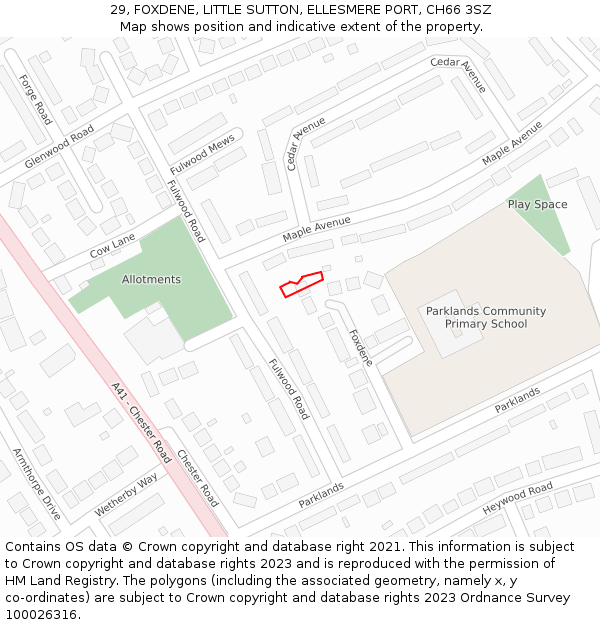 29, FOXDENE, LITTLE SUTTON, ELLESMERE PORT, CH66 3SZ: Location map and indicative extent of plot