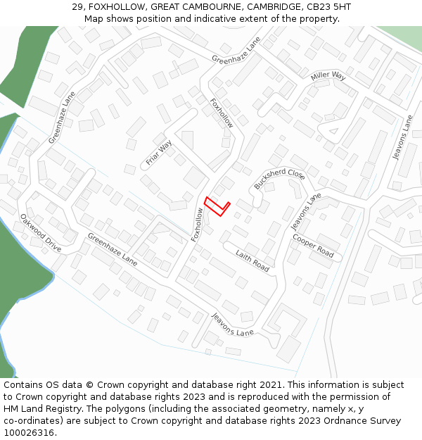 29, FOXHOLLOW, GREAT CAMBOURNE, CAMBRIDGE, CB23 5HT: Location map and indicative extent of plot