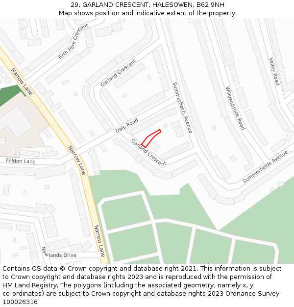 29, GARLAND CRESCENT, HALESOWEN, B62 9NH: Location map and indicative extent of plot