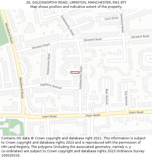 29, GOLDSWORTHY ROAD, URMSTON, MANCHESTER, M41 8TY: Location map and indicative extent of plot