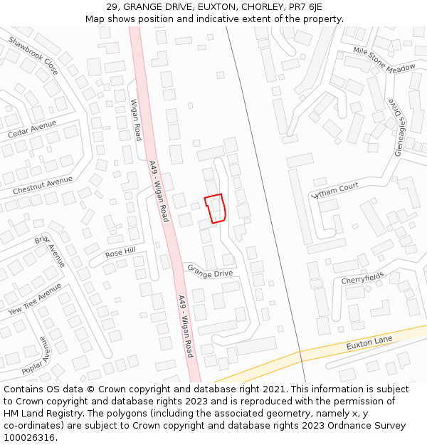 29, GRANGE DRIVE, EUXTON, CHORLEY, PR7 6JE: Location map and indicative extent of plot