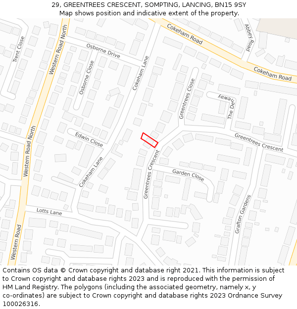 29, GREENTREES CRESCENT, SOMPTING, LANCING, BN15 9SY: Location map and indicative extent of plot