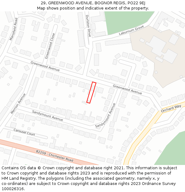 29, GREENWOOD AVENUE, BOGNOR REGIS, PO22 9EJ: Location map and indicative extent of plot