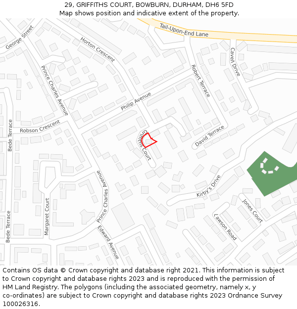 29, GRIFFITHS COURT, BOWBURN, DURHAM, DH6 5FD: Location map and indicative extent of plot