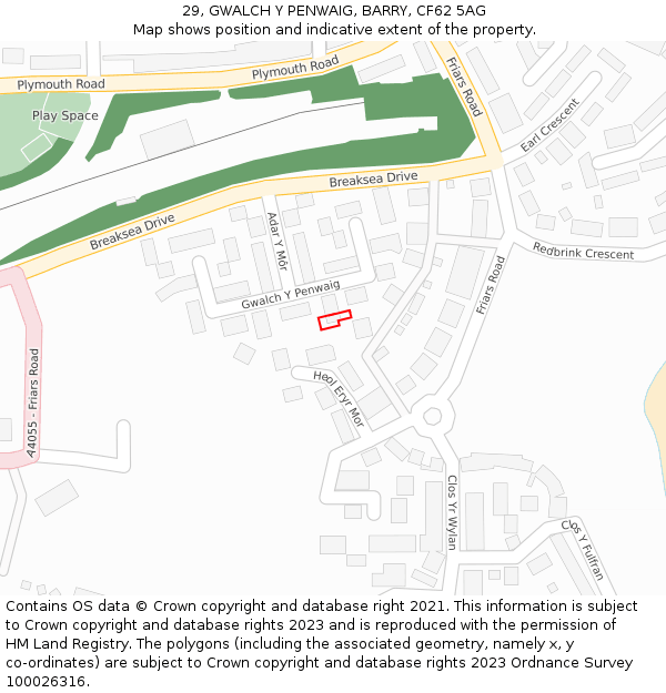 29, GWALCH Y PENWAIG, BARRY, CF62 5AG: Location map and indicative extent of plot