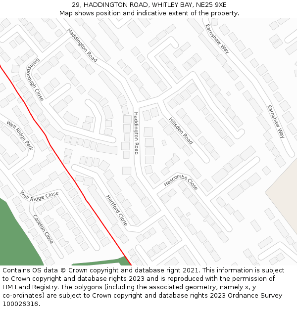 29, HADDINGTON ROAD, WHITLEY BAY, NE25 9XE: Location map and indicative extent of plot