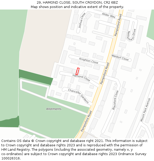 29, HAMOND CLOSE, SOUTH CROYDON, CR2 6BZ: Location map and indicative extent of plot