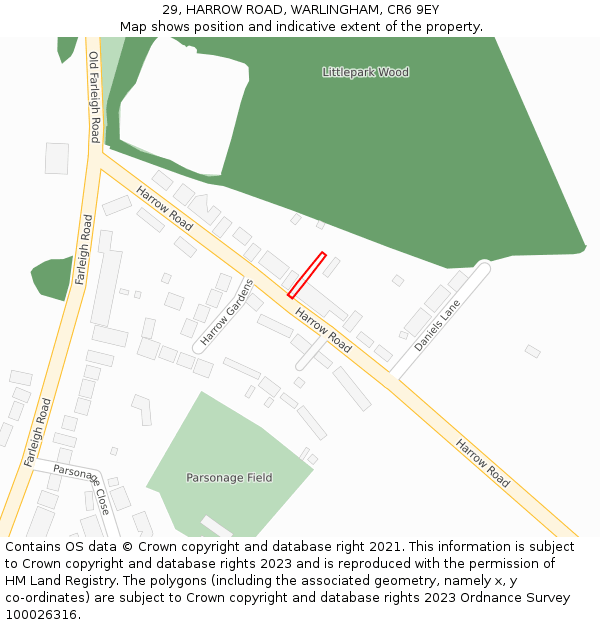 29, HARROW ROAD, WARLINGHAM, CR6 9EY: Location map and indicative extent of plot