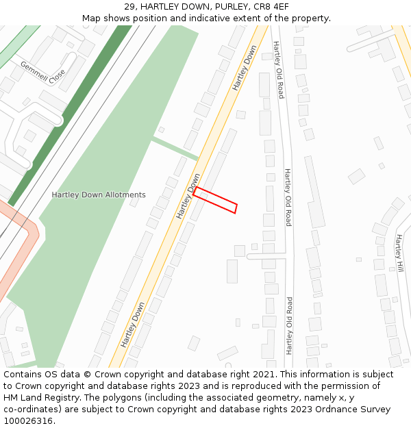 29, HARTLEY DOWN, PURLEY, CR8 4EF: Location map and indicative extent of plot