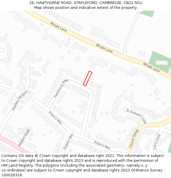 29, HAWTHORNE ROAD, STAPLEFORD, CAMBRIDGE, CB22 5DU: Location map and indicative extent of plot