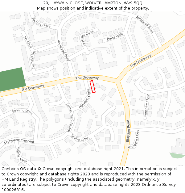 29, HAYWAIN CLOSE, WOLVERHAMPTON, WV9 5QQ: Location map and indicative extent of plot