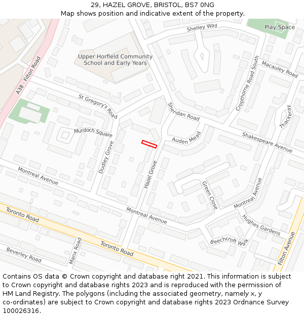 29, HAZEL GROVE, BRISTOL, BS7 0NG: Location map and indicative extent of plot