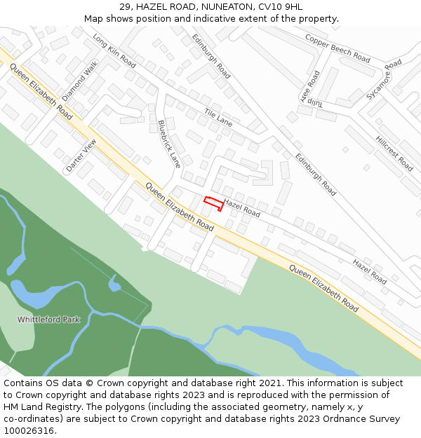 29, HAZEL ROAD, NUNEATON, CV10 9HL: Location map and indicative extent of plot