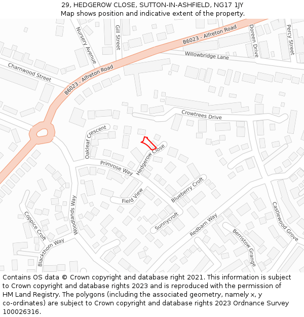 29, HEDGEROW CLOSE, SUTTON-IN-ASHFIELD, NG17 1JY: Location map and indicative extent of plot