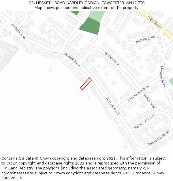 29, HESKETH ROAD, YARDLEY GOBION, TOWCESTER, NN12 7TS: Location map and indicative extent of plot