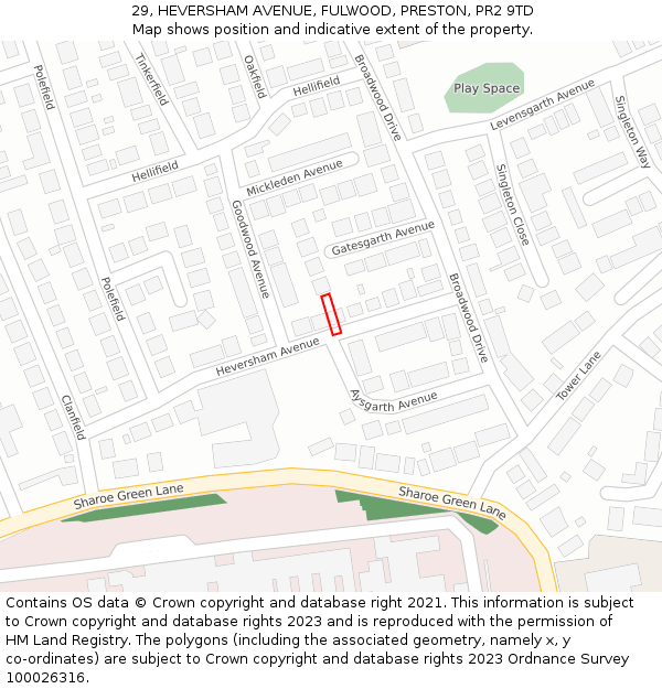 29, HEVERSHAM AVENUE, FULWOOD, PRESTON, PR2 9TD: Location map and indicative extent of plot