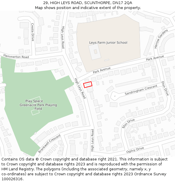 29, HIGH LEYS ROAD, SCUNTHORPE, DN17 2QA: Location map and indicative extent of plot